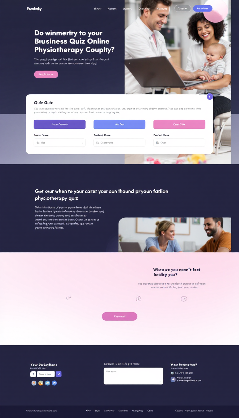 Design a simple one-page website for an online physiotherapy quiz. Include a clean layout, user-friendly interface, and sections for the quiz, information about your business, and contact details.