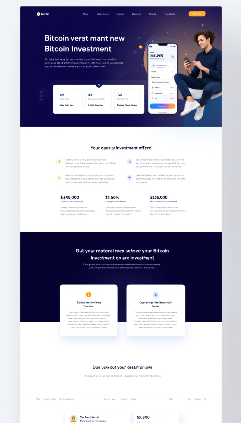 Design a simple and clean one-page website for a Bitcoin investment business, highlighting services offered, investment plans, and customer testimonials. Incorporate a modern aesthetic with a user-friendly layout and clear calls to action.