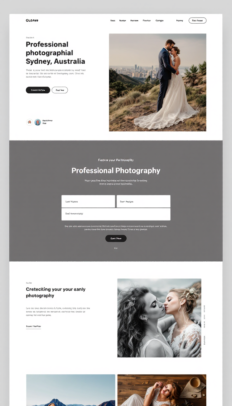 Design a sleek and modern one-page website for a professional photography business in Sydney, Australia. The site should highlight creativity and elegance, featuring a stunning portfolio with high-quality images.