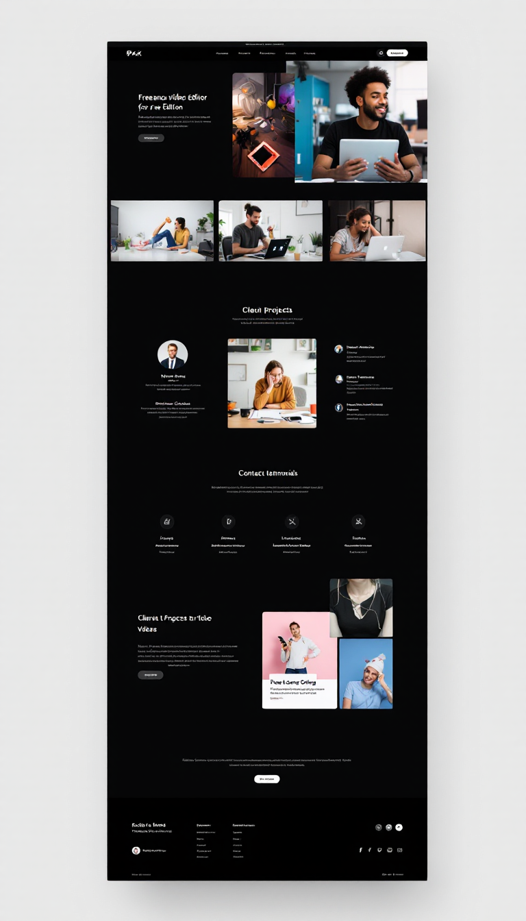 Create a one-page portfolio website for a freelance video editor that features a dark color scheme, showcasing creativity and professionalism. Include sections for showcasing projects, client testimonials, and contact information.