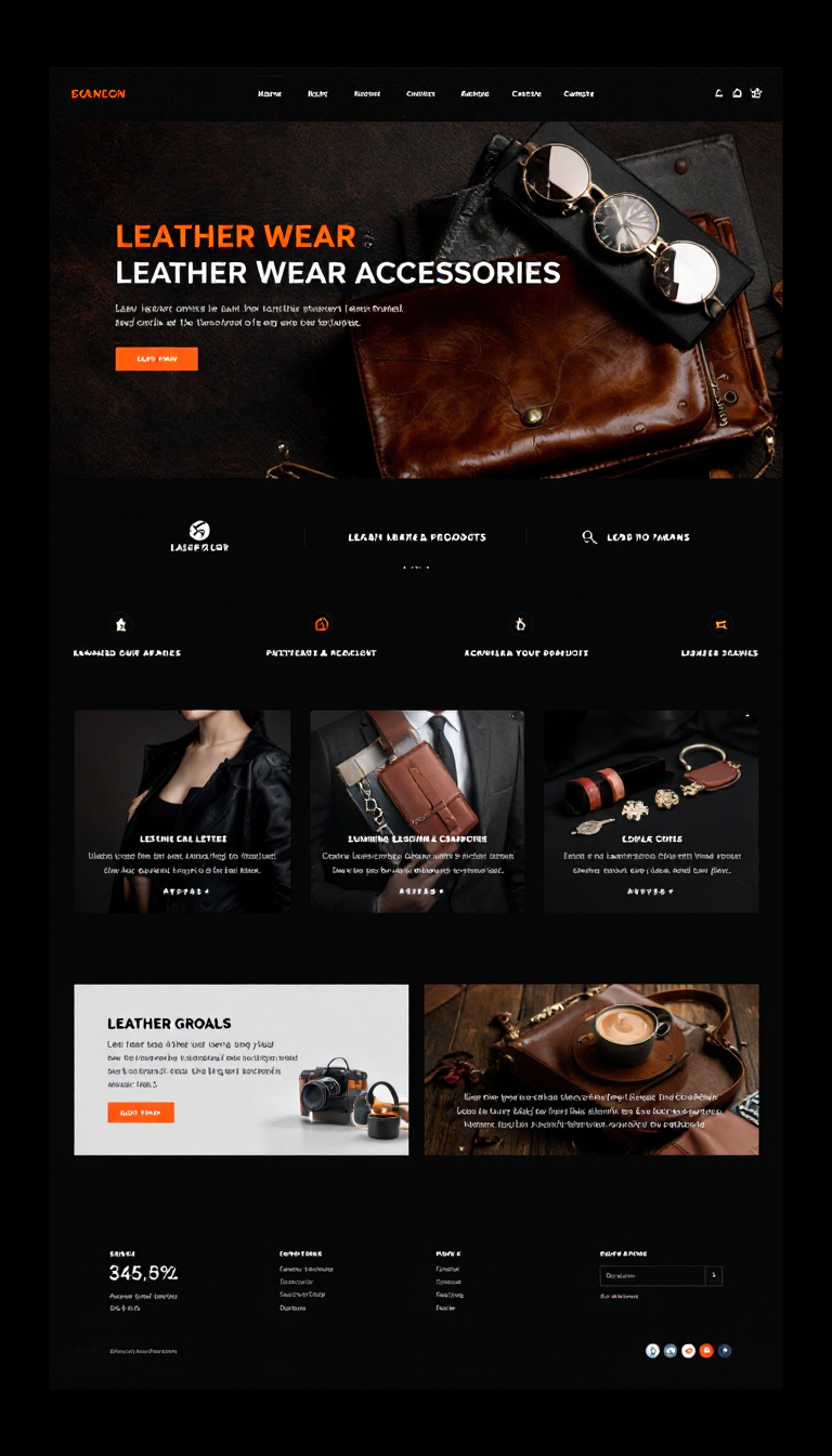 Create a one-page website showcasing leather wear and accessories, featuring stunning graphics and a clean, modern design. Focus on highlighting products with captivating visuals and an inviting layout.