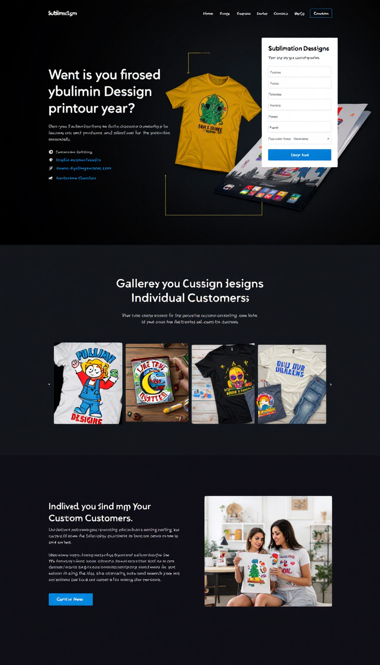 Design a modern, clean one-page website for SublimeDesigns that showcases sublimation printing services. Include sections for service offerings, a gallery of custom designs, and contact information, all with user-friendly navigation to attract individual customers.