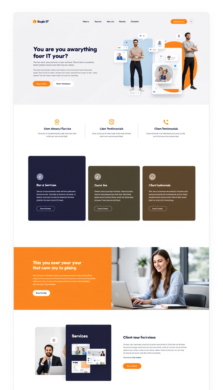 Design a simple, clean one-page website for an IT business, showcasing services, client testimonials, and contact information. Focus on a professional layout with a modern color scheme and intuitive navigation.