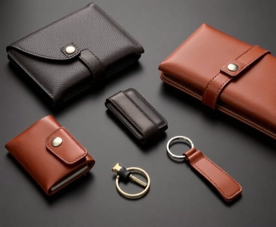 Elegant leather accessories collection featuring wallets and keychains
