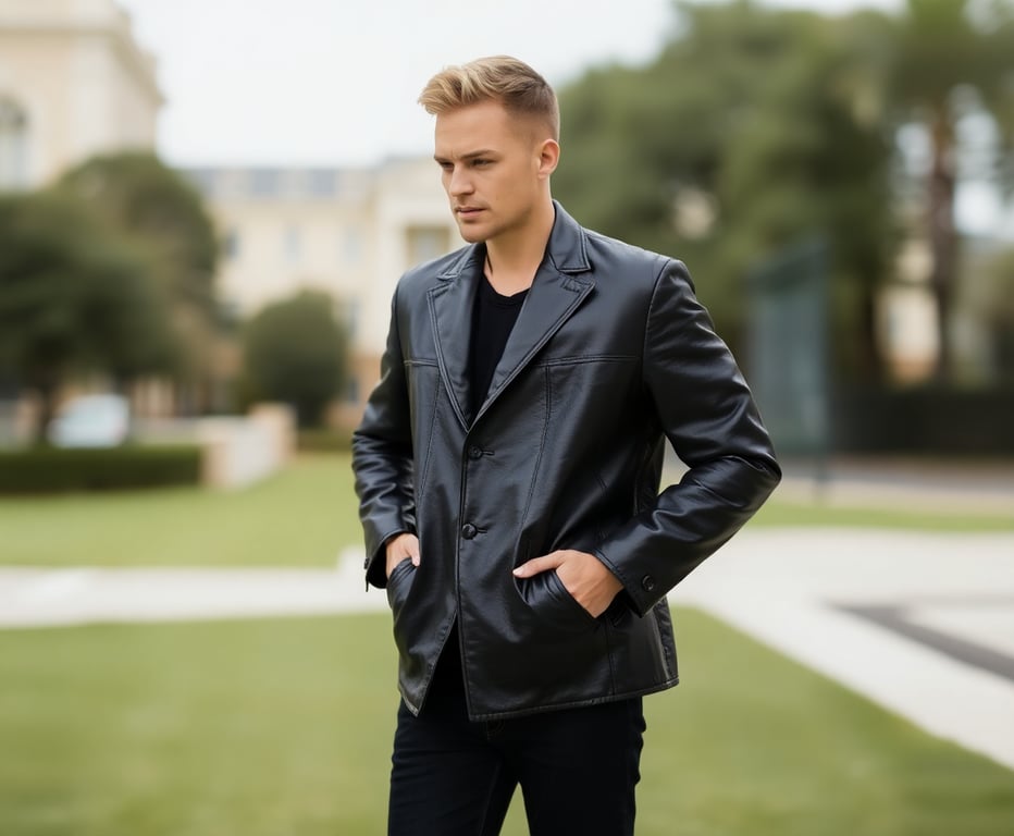 Premium black leather jacket showcasing fine craftsmanship and elegant design