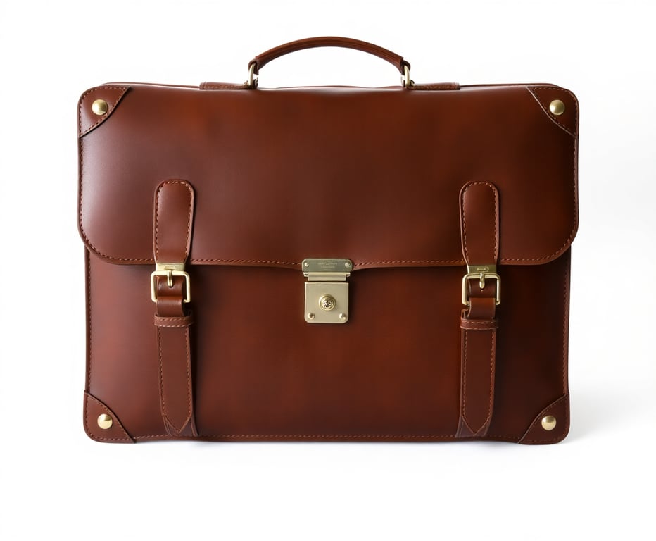 Luxurious brown leather briefcase with polished metal accents